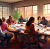 Digital painting of a diverse group of people in discussion around a large table filled with tax documents and calculators, in a cozy, inviting office environment illuminated by soft, natural light from nearby windows.