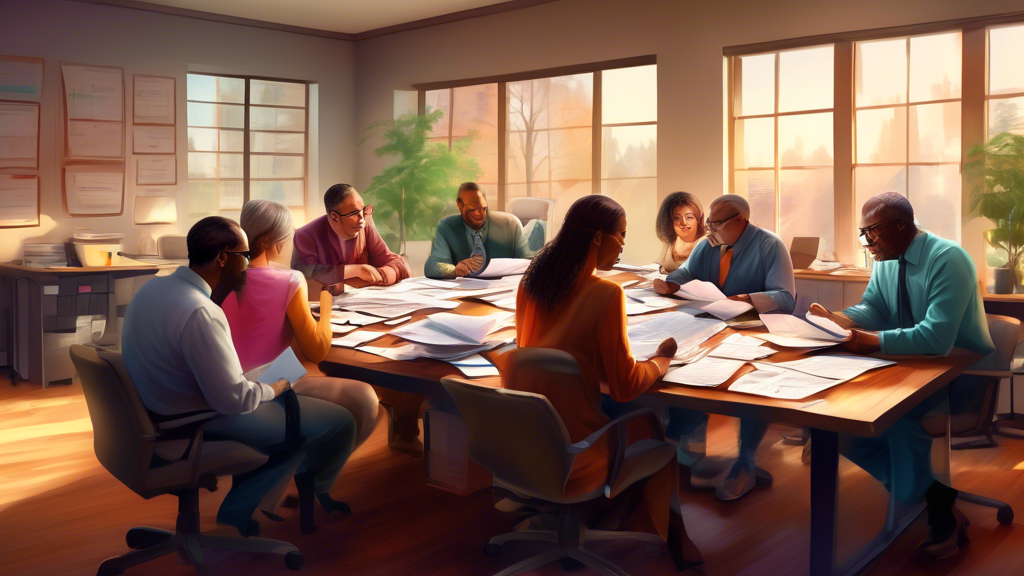 Digital painting of a diverse group of people in discussion around a large table filled with tax documents and calculators, in a cozy, inviting office environment illuminated by soft, natural light from nearby windows.