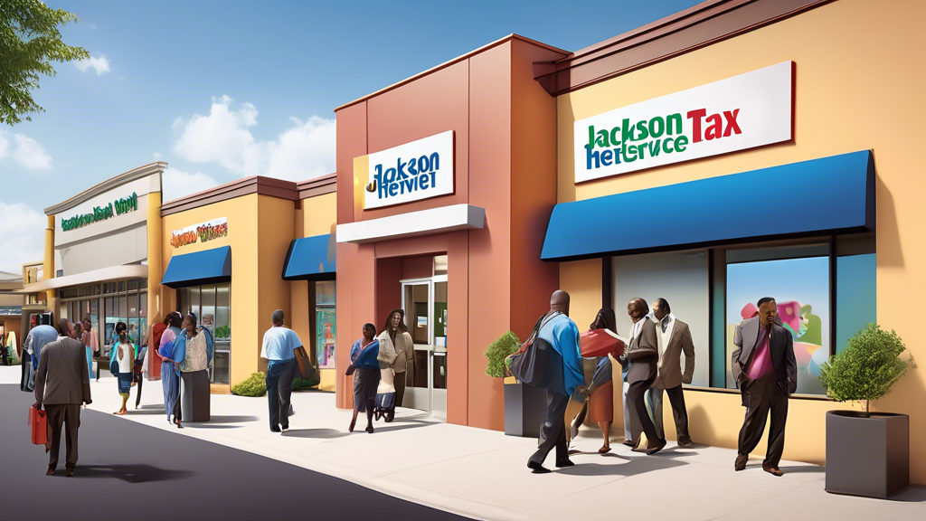 An inviting and professional Jackson Hewitt tax service office located at a bustling shopping center, with people of various ethnicities entering and leaving, and a clear view of the branded signage.
