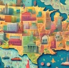 Digital artwork of a colorful map dotted with various Liberty Tax Service locations across the United States, each marked with a miniature Statue of Liberty icon, in a busy, cartoonish cityscape environment.