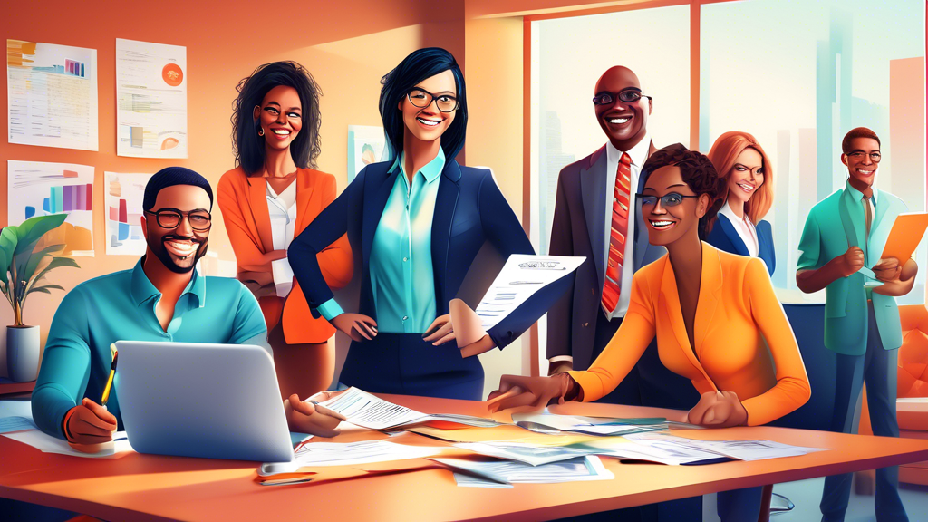 An illustration of a diverse group of professional tax agents, depicted smiling and surrounded by various tax forms and digital tools, in a bright and modern office environment, showcasing a welcoming and supportive atmosphere for clients seeking tax assistance.