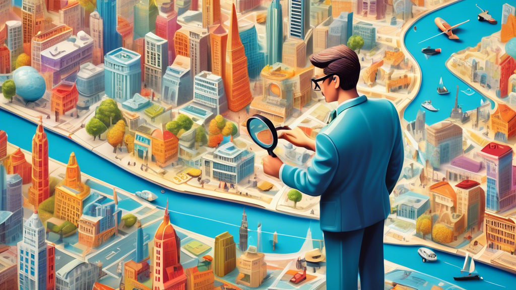 An artistically vibrant and detailed map of a city highlighting various locations, each marked by a miniature character, an accountant in professional attire, analyzing documents with a magnifying glass, set against a backdrop of iconic city landmarks.
