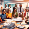 A collage of diverse people of different ethnicities happily discussing their tax documents with professional tax advisors in a modern, well-lit office environment.