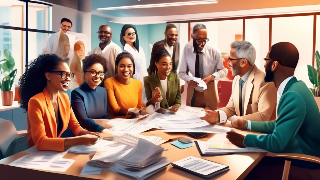 A collage of diverse people of different ethnicities happily discussing their tax documents with professional tax advisors in a modern, well-lit office environment.