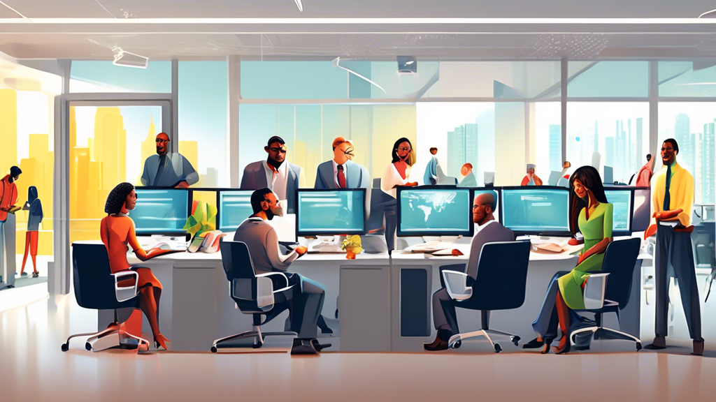 An artistic representation of a busy and welcoming tax service office with diverse people of various ethnicities working diligently on computers and consulting with clients, set in a bright and modern office environment, with a large, friendly sign that reads 'Best Tax Services' illuminated above.