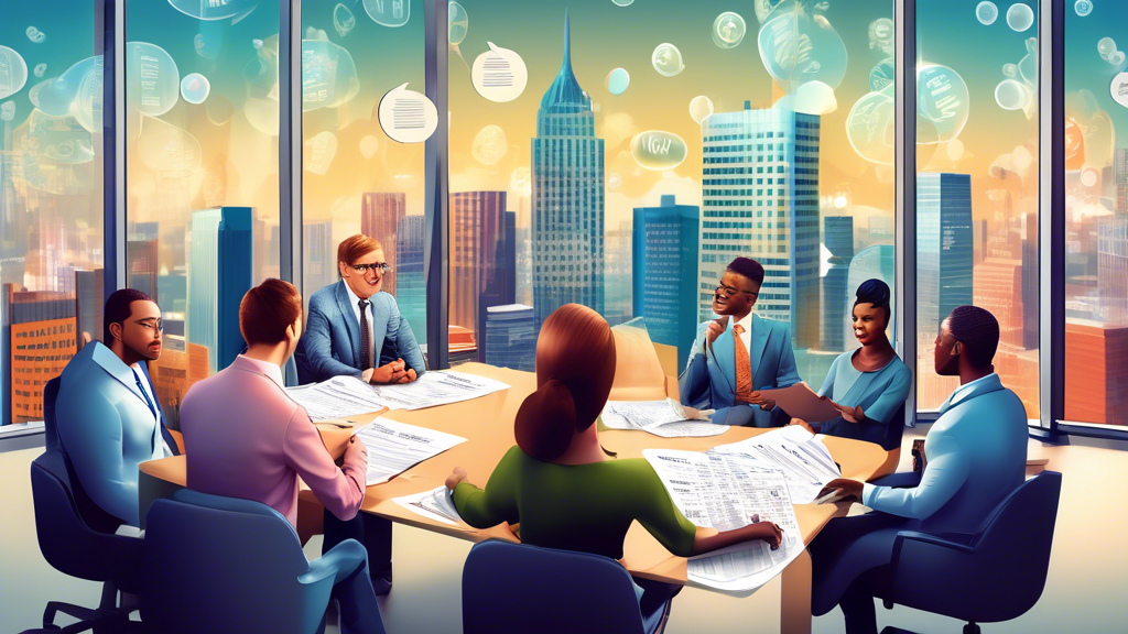 Digital illustration of a friendly and professional tax specialist in a modern office, explaining tax documents to a diverse group of attentive clients, with a cityscape in the background and text bubbles filled with tax tips floating around.