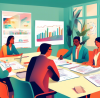 An illustrated office scene with a diverse group of employees sitting around a table, learning about withholding allowances on their W-4 forms from a financial expert, with detailed charts and forms d