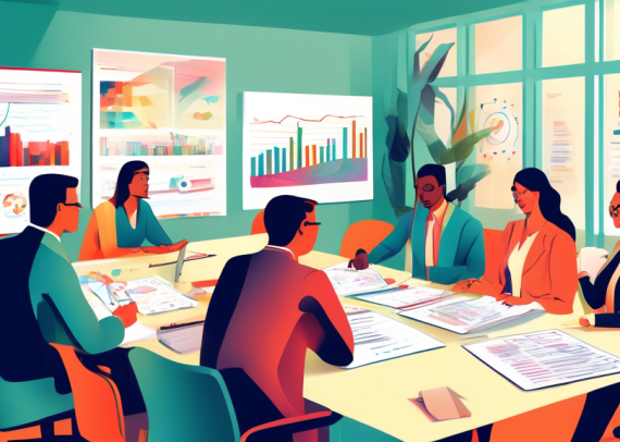 An illustrated office scene with a diverse group of employees sitting around a table, learning about withholding allowances on their W-4 forms from a financial expert, with detailed charts and forms d
