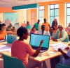 An image of a diverse group of people, young and old, sitting around a large table filled with laptops and documents, focusing intently on filing their taxes in a bright, modern community center with assistants helping them, in a setting that inspires collaboration and financial empowerment.