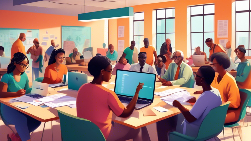 An image of a diverse group of people, young and old, sitting around a large table filled with laptops and documents, focusing intently on filing their taxes in a bright, modern community center with assistants helping them, in a setting that inspires collaboration and financial empowerment.