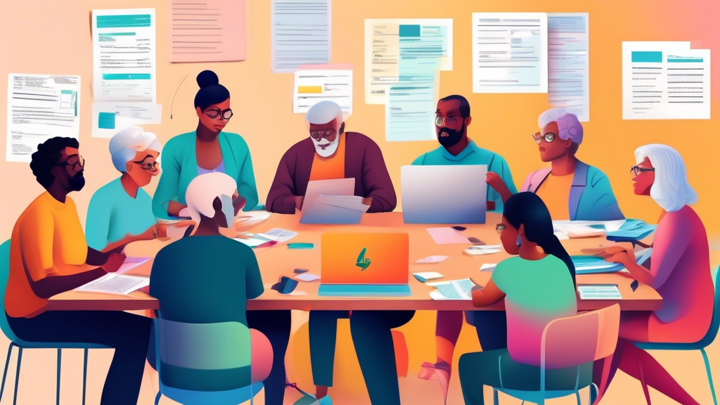 An illustration of a diverse group of people of various ages and backgrounds, sitting around a large table filled with tax forms and laptops, collaborating and discussing free state tax filing options for 2023.