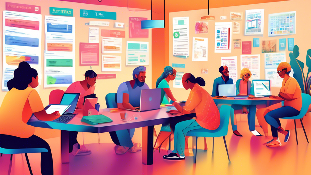 An intricate digital illustration depicting a diverse group of people of various ages and backgrounds sitting around a large, modern table, each using laptops and tablets to explore different tax filing software. The setting is a bright, well-lit community center with posters on the walls providing tips about free tax filing services and important 2023 tax deadlines.