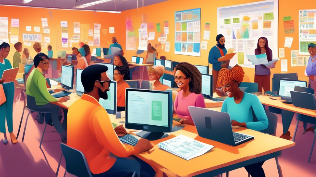 An illustration of a diverse group of people of different ages and backgrounds happily filing their taxes using computers in a bright, community center setting, with posters on the walls providing tips on saving money and avoiding common tax mistakes.