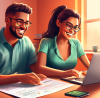 Digital illustration of a young couple sitting at a home office, smiling as they use a laptop to e-file their taxes for free, with visible step-by-step instructions on the screen and a calm, organized desk environment.