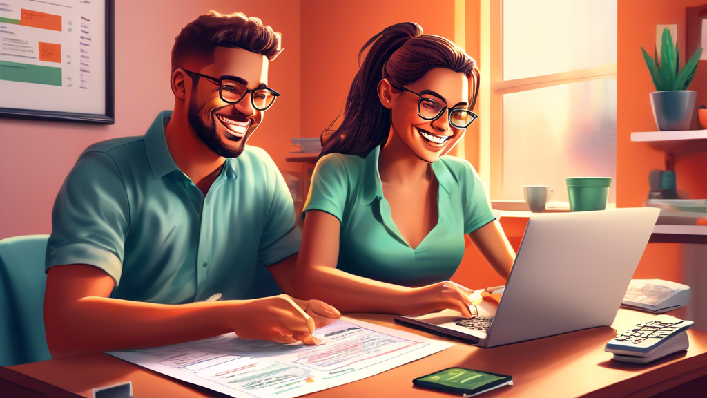 Digital illustration of a young couple sitting at a home office, smiling as they use a laptop to e-file their taxes for free, with visible step-by-step instructions on the screen and a calm, organized desk environment.