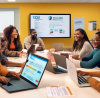 An image of a diverse group of people sitting around a large table with laptops, books, and documents, all smiling as they learn how to file their taxes for free in a well-lit modern community center. On the wall, a digital screen displays the guide '2023 Free Tax Filing Tips' and the room is decorated with educational posters about tax deductions and credits.