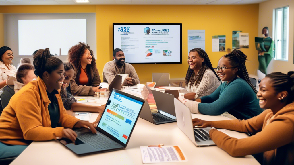 An image of a diverse group of people sitting around a large table with laptops, books, and documents, all smiling as they learn how to file their taxes for free in a well-lit modern community center. On the wall, a digital screen displays the guide '2023 Free Tax Filing Tips' and the room is decorated with educational posters about tax deductions and credits.