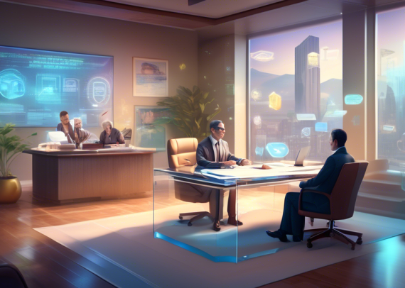 A serene lawyer's office with a clear glass desk, featuring a holographic display of a living trust document surrounded by soft, floating digital icons representing assets like a house, car, and famil