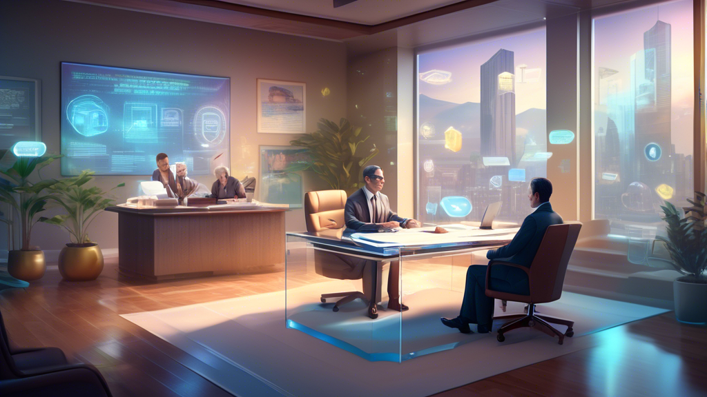 A serene lawyer's office with a clear glass desk, featuring a holographic display of a living trust document surrounded by soft, floating digital icons representing assets like a house, car, and famil