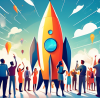 An enthusiastic entrepreneur standing at the entrance of a rocket-shaped startup hub, surrounded by diverse people cheering, with blueprint plans in one hand and a digital tablet in the other, under a