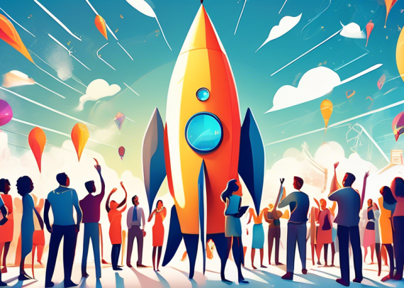 An enthusiastic entrepreneur standing at the entrance of a rocket-shaped startup hub, surrounded by diverse people cheering, with blueprint plans in one hand and a digital tablet in the other, under a