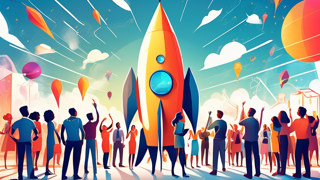 An enthusiastic entrepreneur standing at the entrance of a rocket-shaped startup hub, surrounded by diverse people cheering, with blueprint plans in one hand and a digital tablet in the other, under a