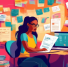 A creative and vibrant office space where a self-employed young woman, surrounded by invoices and financial books, is researching student loan options on a laptop, with visible web pages showing diffe