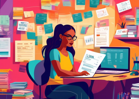 A creative and vibrant office space where a self-employed young woman, surrounded by invoices and financial books, is researching student loan options on a laptop, with visible web pages showing diffe