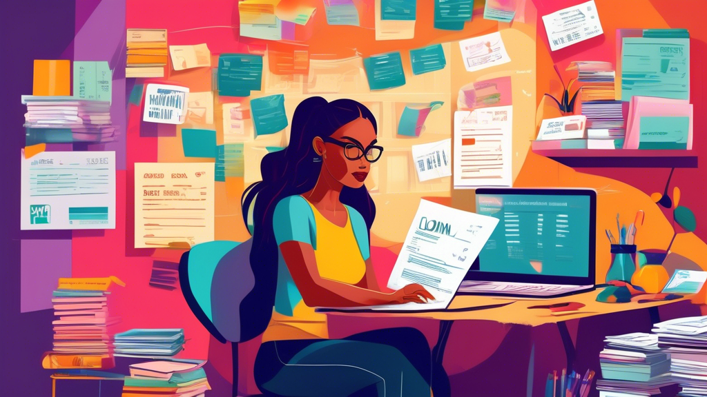 A creative and vibrant office space where a self-employed young woman, surrounded by invoices and financial books, is researching student loan options on a laptop, with visible web pages showing diffe