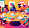 An illustration of a diverse group of Generation Z individuals sitting around a large, round table filled with financial books, digital devices, and documents, discussing and planning their financial