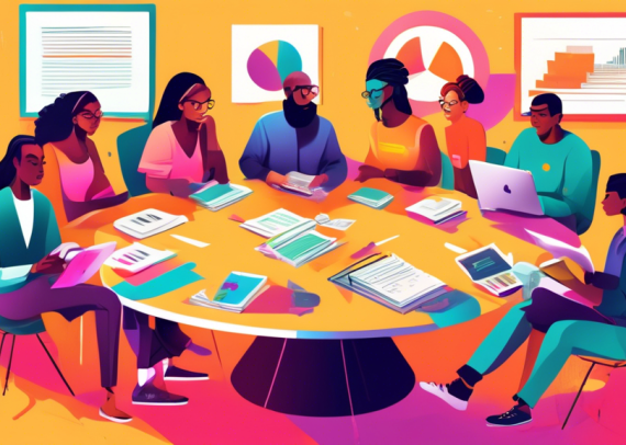 An illustration of a diverse group of Generation Z individuals sitting around a large, round table filled with financial books, digital devices, and documents, discussing and planning their financial