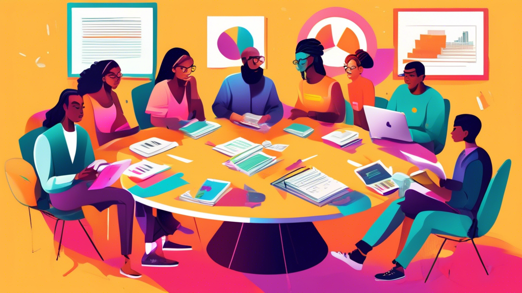 An illustration of a diverse group of Generation Z individuals sitting around a large, round table filled with financial books, digital devices, and documents, discussing and planning their financial