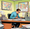 A busy accountant surrounded by stacks of tax forms and a calendar with marked dates, sitting in an office that is decorated with maps of various U.S. states, each highlighted differently to indicate