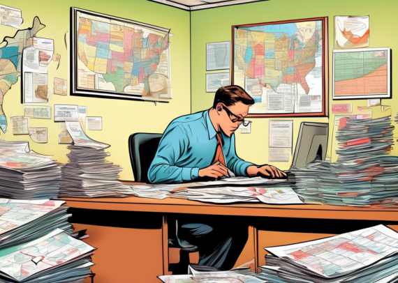 A busy accountant surrounded by stacks of tax forms and a calendar with marked dates, sitting in an office that is decorated with maps of various U.S. states, each highlighted differently to indicate