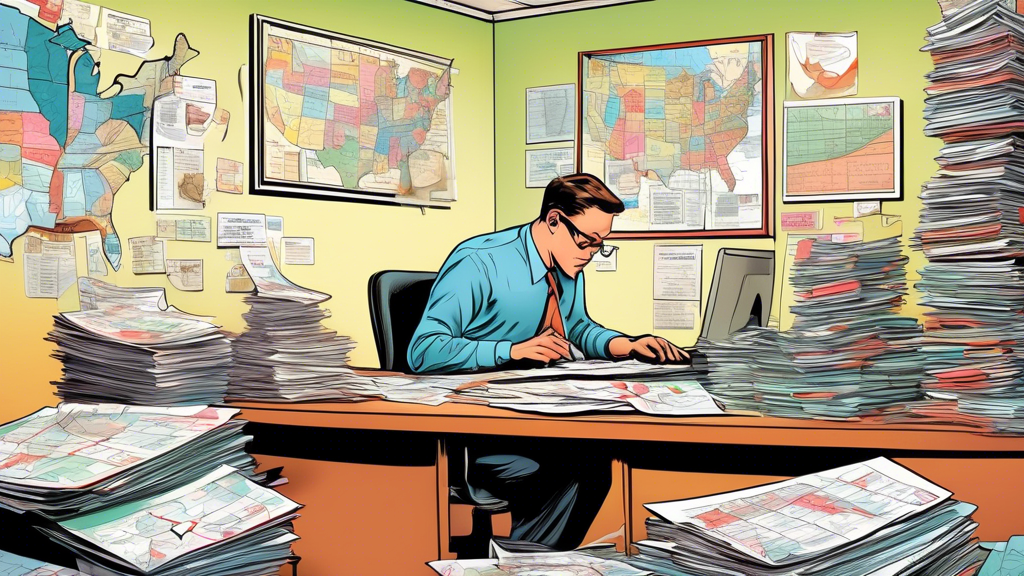 A busy accountant surrounded by stacks of tax forms and a calendar with marked dates, sitting in an office that is decorated with maps of various U.S. states, each highlighted differently to indicate