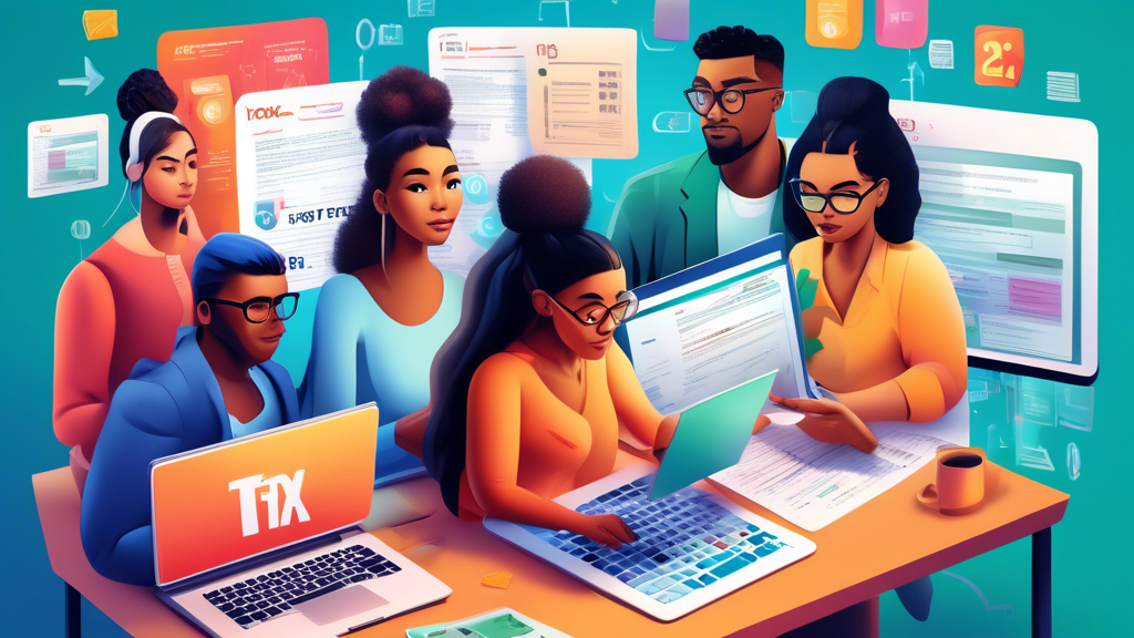 Digital illustration of a diverse group of people of various ethnicities using computers and tablets to file their taxes online, with visible icons of popular tax software options for 2023 floating around them.