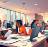 An illustration of a bustling tax preparation office with diverse clients and tax professionals engaging over documents, computers, and tax forms, in a modern, well-lit office environment.