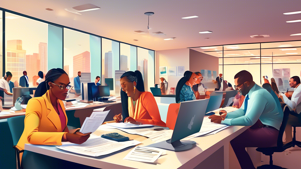 An illustration of a bustling tax preparation office with diverse clients and tax professionals engaging over documents, computers, and tax forms, in a modern, well-lit office environment.