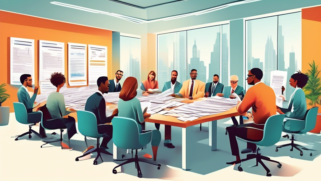 An image of a friendly, diverse group of people sitting at a large table filled with tax forms and calculators, with a helpful tax advisor explaining documents, in a bright and modern office space.