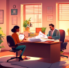 A cozy, inviting office setting with a friendly, smiling tax auditor sitting across from a relieved young couple. The auditor is explaining documents to them in a clear and simple manner, surrounded b