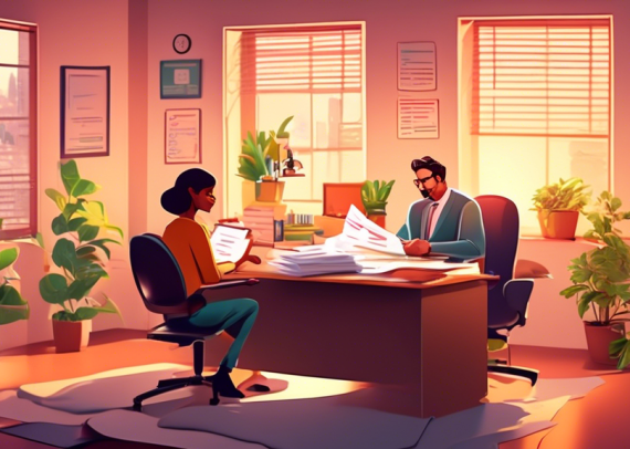 A cozy, inviting office setting with a friendly, smiling tax auditor sitting across from a relieved young couple. The auditor is explaining documents to them in a clear and simple manner, surrounded b