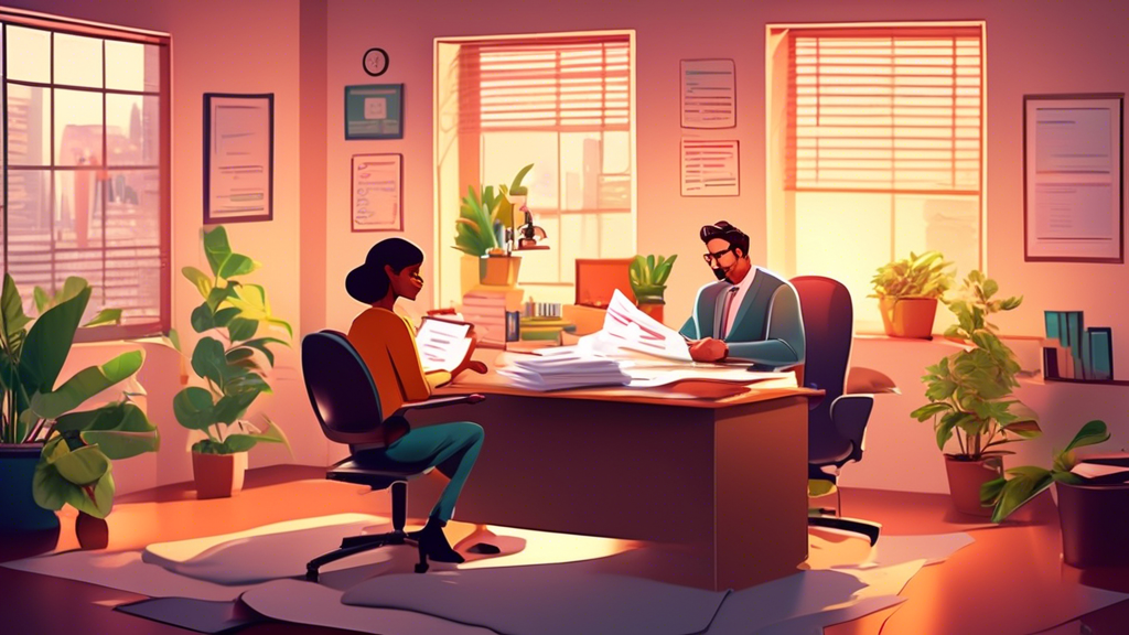 A cozy, inviting office setting with a friendly, smiling tax auditor sitting across from a relieved young couple. The auditor is explaining documents to them in a clear and simple manner, surrounded b