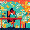 An illustrated guide visually comparing tax credits and tax deductions, featuring an accountant sitting at a desk with a calculator, surrounded by floating symbols of money and tax forms, in a bright