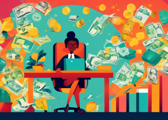 An illustrated guide visually comparing tax credits and tax deductions, featuring an accountant sitting at a desk with a calculator, surrounded by floating symbols of money and tax forms, in a bright