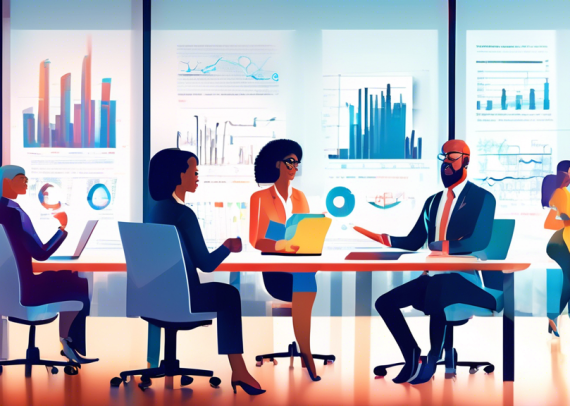 A modern office scene with a diverse group of business professionals gathered around a large, glossy conference table, discussing documents and digital displays that explain the Qualified Business Inc