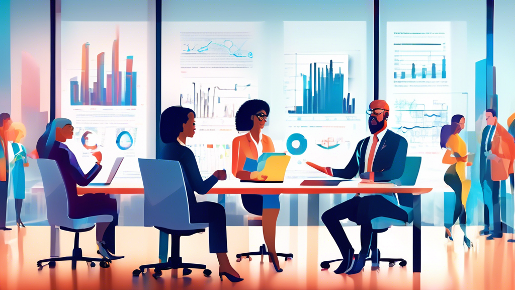 A modern office scene with a diverse group of business professionals gathered around a large, glossy conference table, discussing documents and digital displays that explain the Qualified Business Inc