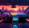 Digital artwork of a futuristic dashboard displaying various mileage rates alongside a map and GPS navigation in a self-driving electric car interior, with a cityscape in the sunset background.
