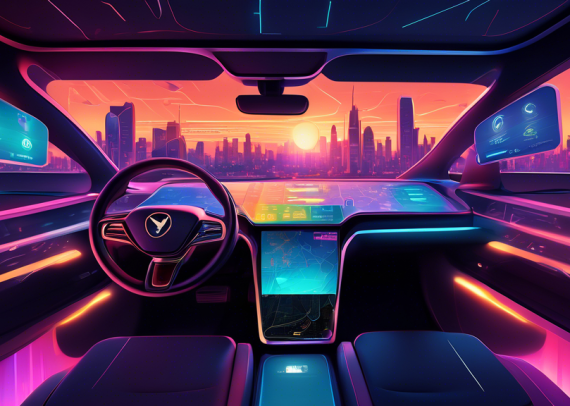 Digital artwork of a futuristic dashboard displaying various mileage rates alongside a map and GPS navigation in a self-driving electric car interior, with a cityscape in the sunset background.