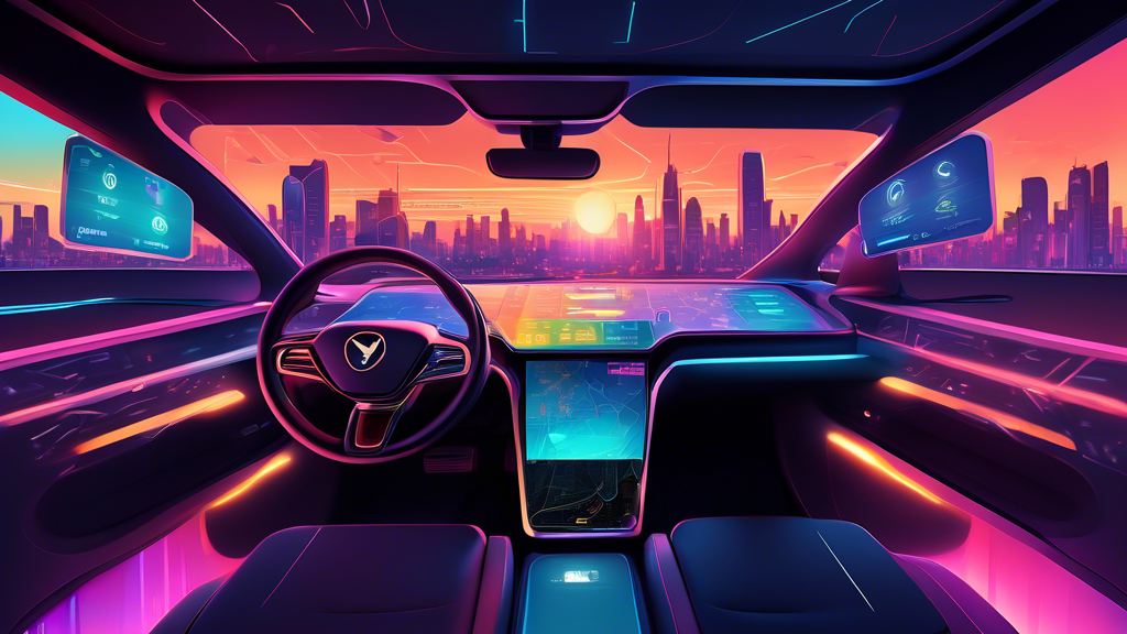 Digital artwork of a futuristic dashboard displaying various mileage rates alongside a map and GPS navigation in a self-driving electric car interior, with a cityscape in the sunset background.