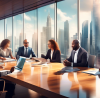 A sophisticated, modern boardroom scene with a diverse group of entrepreneurs sitting around a polished wood table, discussing documents and digital displays about transitioning to an S-Corporation en